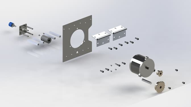 Exploded CAD view of the steering assembly.